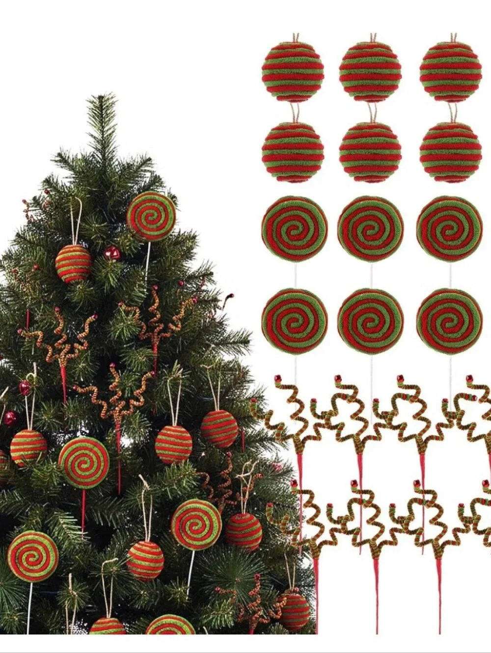 Spiral Ornament Set. Red and Green Christmas Tree Decor. 24 Piece Set. NWT.